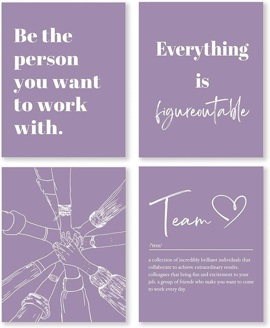 XWELLDAN Be The Person You Want to Work With Team Work Wall Art Decor, Inspirational Motivational Wall Decor for Office, Office Artwork Wall Decor, 8x10 Unframed Set of 4(purple)