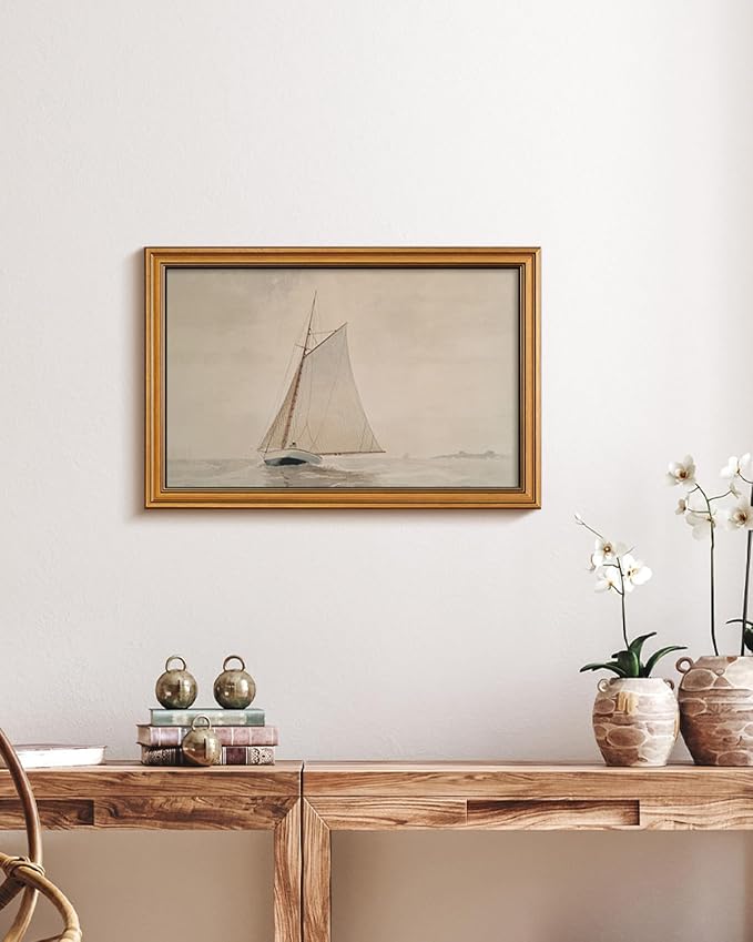 HUARCEY Gold Framed Vintage Wall Art for Living Room, Seaview Painting Prints Shelf Decor for Kitchen, Aesthetic Bedroom Large Wall Art, Gifts for Friends or Family (White Sailboat - 16"x24")