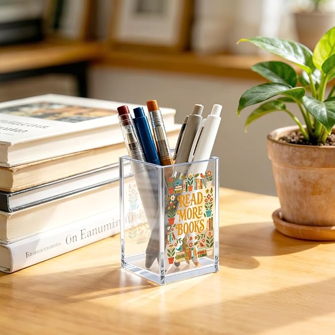 Read More Books Floral Acrylic Stationery Holder, Readers Book Lovers Clear Desktop Organizer for Office School Home Work Desk Accessories Gifts for Readers Teachers Women Girls