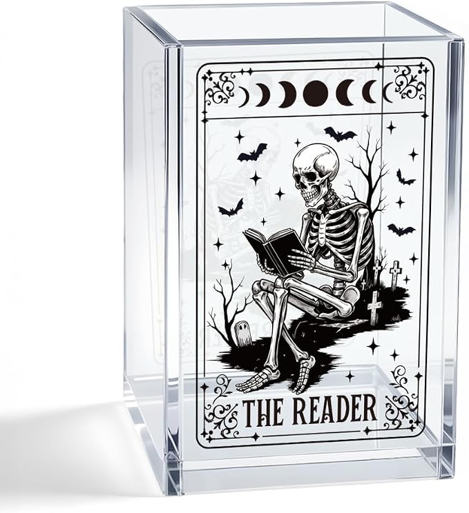 The Reader Acrylic Cosmetic Pencil Pen Holder Cup, Funny Bookworm Skeleton Theme Gifts for Bookworm Book Lover Reader Book Club Member College Student, Thank You Gifts for Librarian Teacher