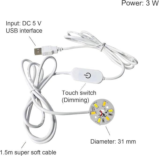 LED Chip Bulb DC5V 1.5m USB Line Dimming Controller for Camper Light Bulb, Home Reading Led Lamp Kit