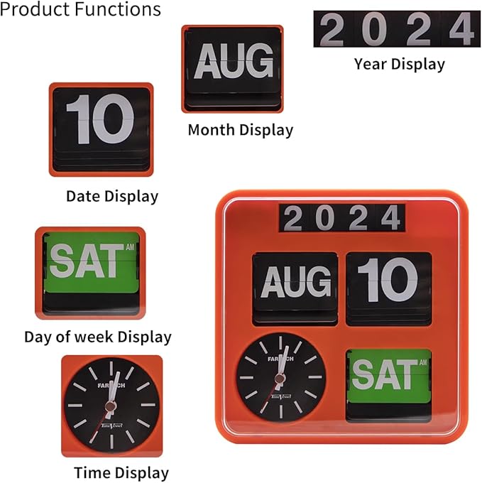 Retro Modern 9.45 Inches Calendar Day Date Flip Desk Wall Clock (Black)(No Battery Included) (Amber)