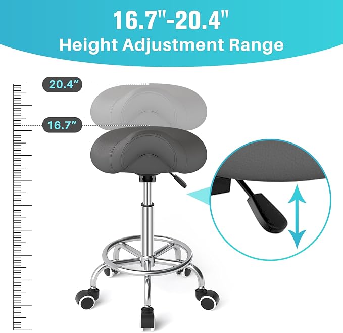 YEEZEE Saddle Stool Ergonomic, Saddle Chair with Wheels, Grey | Comfortable Wide Thick Saddle Seat Padding, 360°Swivel, Adjustable Height, Ring Pedal Design, for Medical Massage Salon Spa