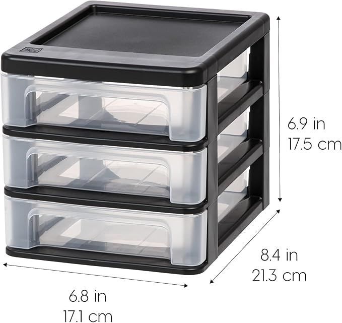 IRIS USA 2-Pack, 3-Drawer Small Plastic Stacking Desktop Organizer, Black | Organize office supplies, stationery, makeup, craft materials and everyday essentials for neat desktop storage