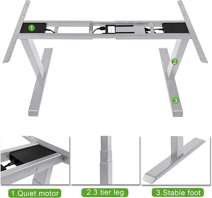 Fromann Dual Motor Standing Desk Frame 3 Tier Legs Sit Stand up Electric Height Adjustable Desk Base for Home and Office (Grey)