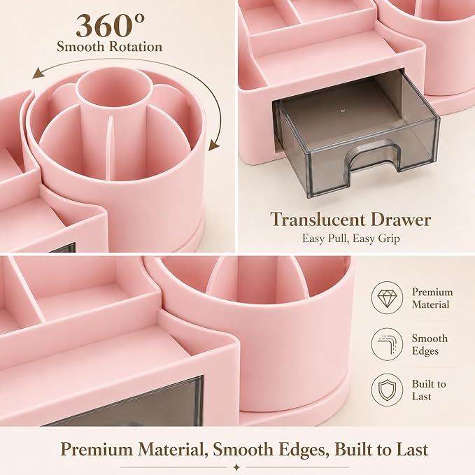 Qomamount Desk Organizer with Drawer,Office Supplies Organizer and Pen Holder for Desk,Modern Desktop Stationery Storage Box for Home Office,School,Study Room and Vanity(Pink)