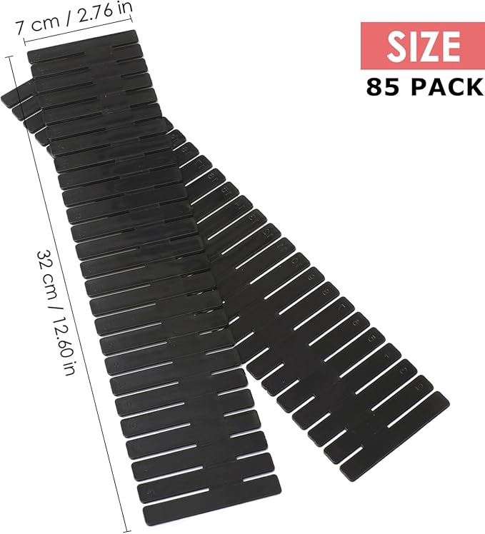 85Pcs Drawer Dividers, Adjustable Drawer Organiser, Cut at Will for Tidying Clutter Clothes, Socks, Makeup, Dresser, Kitchen Black