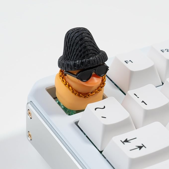1U Handmade Resin Yellow Rap Duck Keycap - Cute Duck with Sunglasses Gold Necklace Knitted Hat, Compatible with MX Switch Mechanical Keyboards