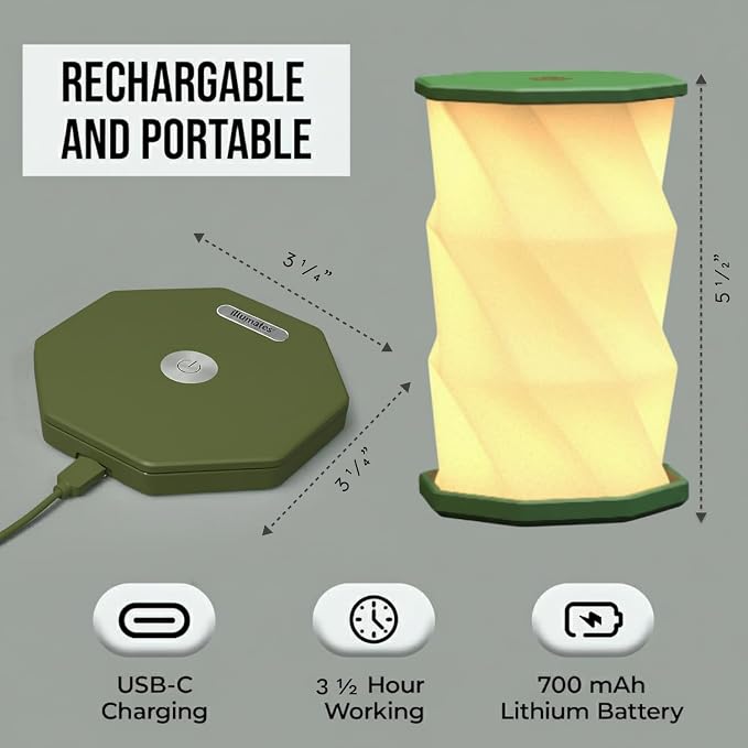 Origami Expanding Foldable LED Desk Lamp – USB Rechargeable & Portable - Dimmable Touch Control Light with Adjustable Height up to 5 1/2 for Office, Travel, Bedside - Sleek & Modern Design (Olive)