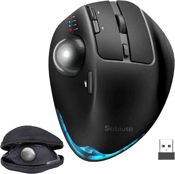 SABLUTE Wireless Trackball Mouse, Hard Travel Case (Include) Ergonomic Bluetooth Rechargeable Computer Mouse, Laptop mice with 5 Level DPI, Adjustable Angle, 3 Devices Connection for PC, Mac, Windows