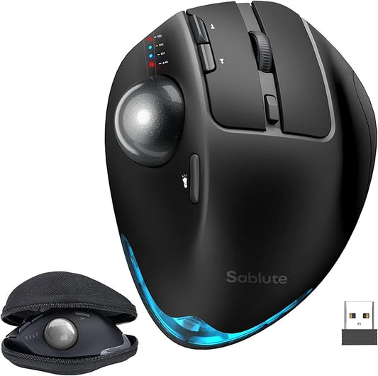 SABLUTE Wireless Trackball Mouse, Hard Travel Case (Include) Ergonomic Bluetooth Rechargeable Computer Mouse, Laptop mice with 5 Level DPI, Adjustable Angle, 3 Devices Connection for PC, Mac, Windows