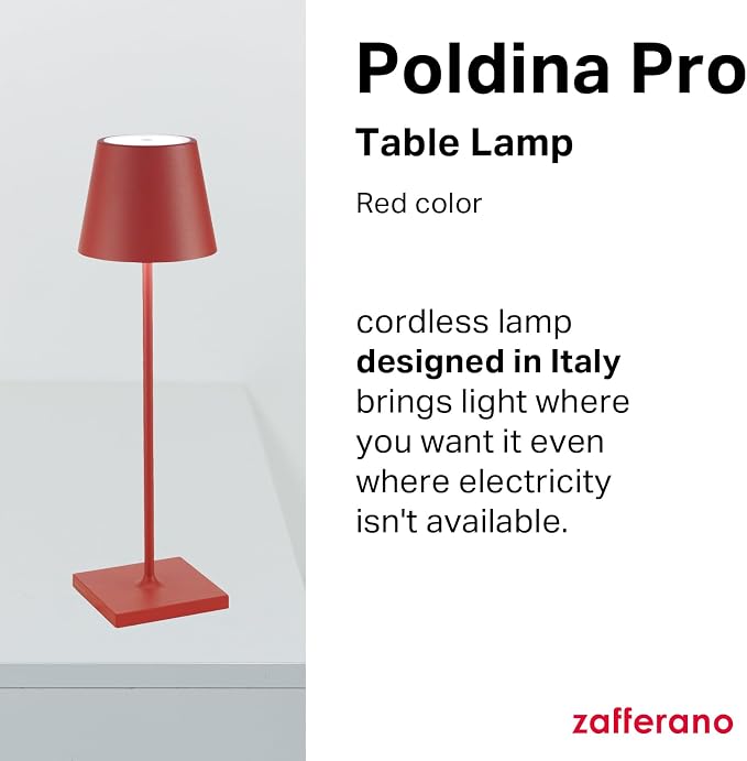 Zafferano, Poldina Pro Lamp, Rechargeable Cordless Table Lamp with Touch Controls, Suitable for Indoor and Outdoor, Dimmer, 2200-3000 K, Height 14.9 Inches, Red Color
