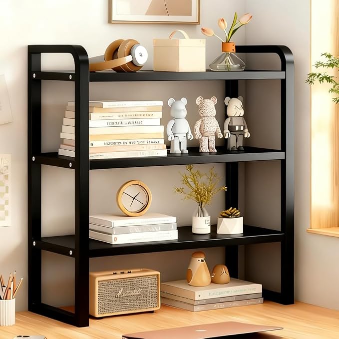Office Desk Shelf Organizer, Wood Desktop Bookshelf Supplies Storage Rack, Shelf for Top of Desk and Dresser and Cubicle Decor Aesthetic Bookshelf (Black Black-three Tier, 11.81 Lx7.87 Wx22.05 H)