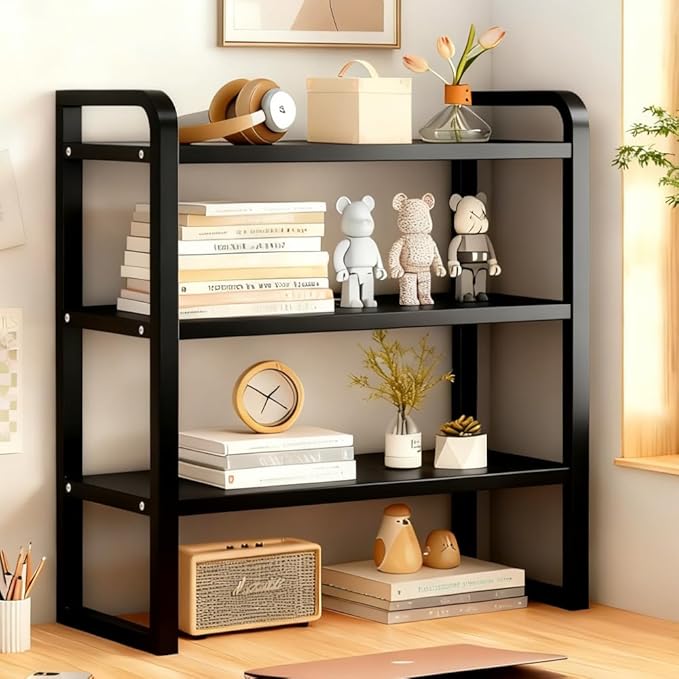 Office Desk Shelf Organizer, Wood Desktop Bookshelf Supplies Storage Rack, Shelf for Top of Desk and Dresser and Cubicle Decor Aesthetic Bookshelf (Black Black-three Tier, 15.75 Lx7.87 Wx22.05 H)