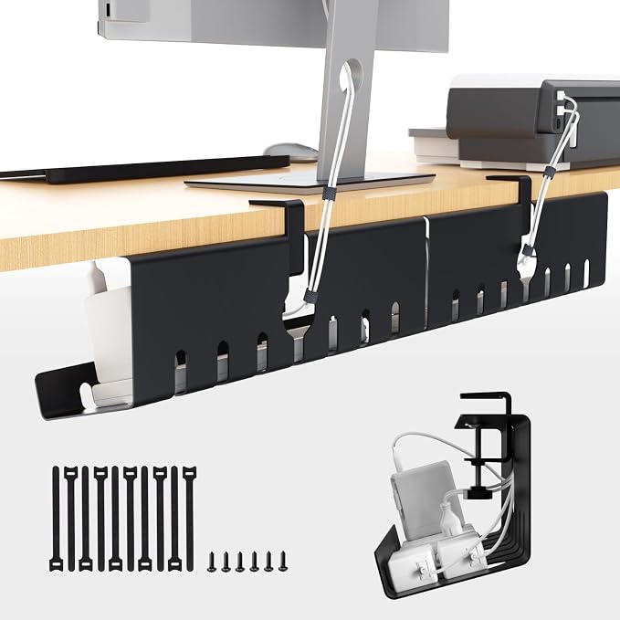 Syeeiex Under Desk Cable Management, Cord Management, Black, 17inch, 2 Set | No-Drill C-Clamp and Screw Mount, Metal Desk Wire Organizer for Office Home Workspace, Cord Organizer with 10 Cable Ties