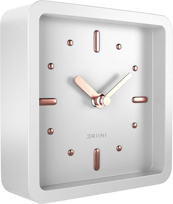 Driini Modern Mid Century Desk & Shelf Clock (White Rose Gold) - Battery Operated with Silent, Analog Movement – Small Tabletop Clocks for Office – Perfect for Mantle, End Table, Desktop or Nightstand