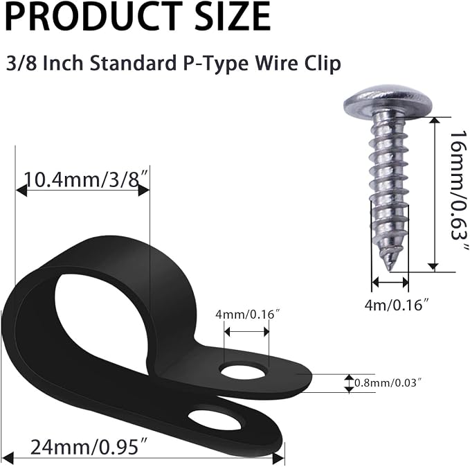 mankk 100PCS 3/8 Inch Rope Light Clips P-Style Mounting Clips Plastic Cable Clamps with Compatible Stainless Steel Pan Head Phillips Screws for Wire Management M-032-BK-LS