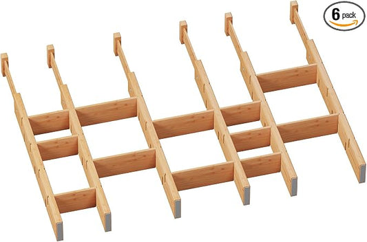 6 Pack Bamboo Drawer Dividers with Inserts, Kitchen Adjustable Drawer Organizers, Expandable Organization for Home, Dressers, 6 Dividers with 12 Inserts