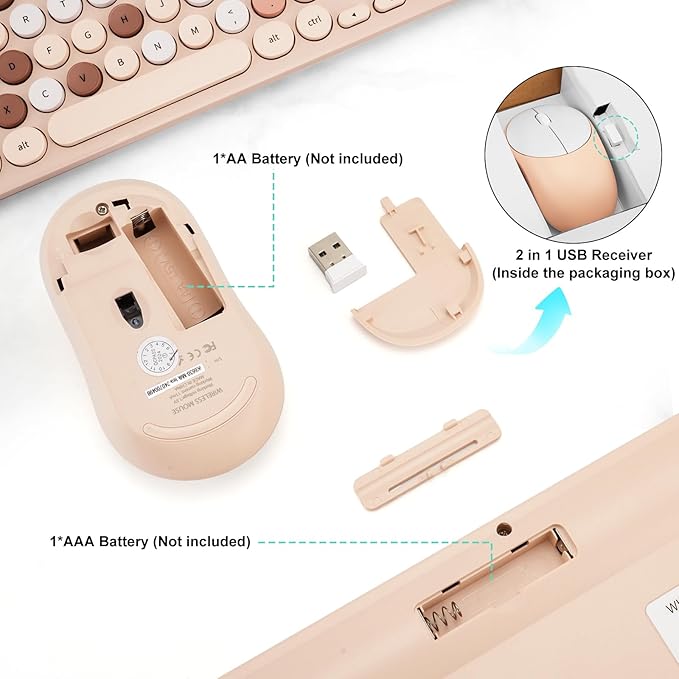 Wireless Keyboard and Mouse Combo, Retro Typewriter Keyboard with Round Keycaps, 2.4GHz USB Cute Wireless Keyboard Mouse for Computer, Desktop, Laptop (Milk Tea Colorful)