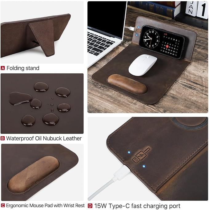 Hiram Premium Crazy Horse Leather Mouse Pad with 15W Wireless Charging - Ergonomic Wrist Rest, Waterproof, and High-End Cowhide Touch(9inx13in)