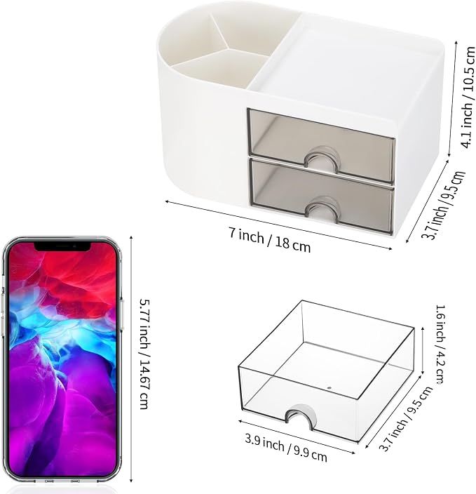 LETURE Desk Organizer Office Supplies Caddy with Pencil Holder and Drawer for Desktop Accessories, Business Card/Pen/Pencil/Mobile Phone/Stationery Holder Storage Box (White)