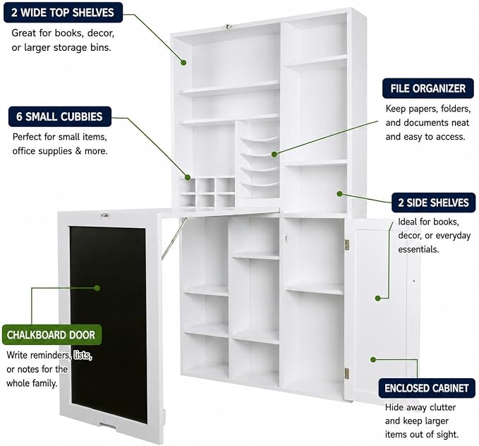 Utopia Alley Fold Down Wall Desk with Storage Shelves – Space Saving Murphy Desk Cabinet for Home Office, Craft Room, Apartment & Small Spaces, White