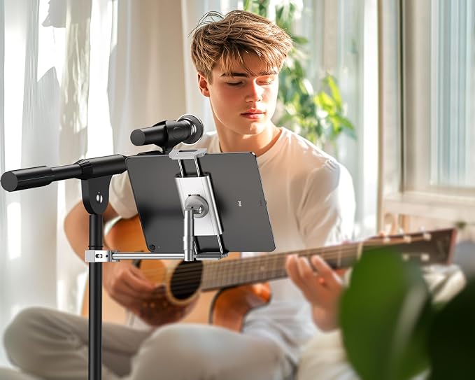 elitehood Aluminum iPad Holder for Mic Stand, Side Mount iPad Music Stand Holder for Microphone, 360° Swivel Tilt Adjustable Mic Tablet Mount for 4-13in iPhone, Cell Phones and Tablets, Sliver
