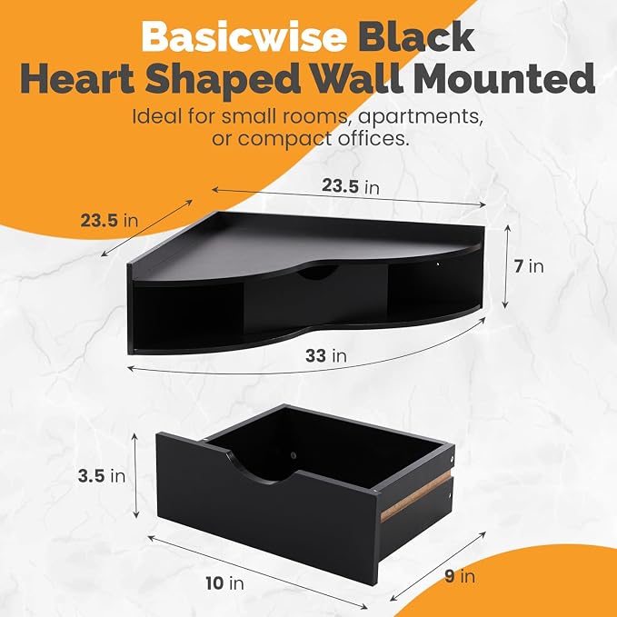 Basicwise Brown Heart Shaped Wall Mounted Office Table with Drawer and Two Shelves Computer Writing Corner Desk,QI004024.BK