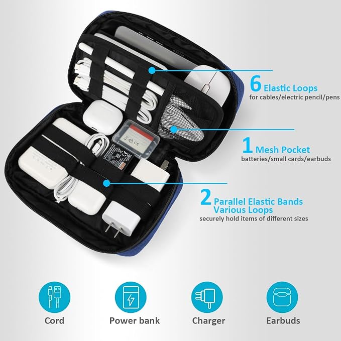 GOX Cable Organizer Travel Bag, Water Resistant Electronic Accessories Case, All-in-One Tech Storage Pouch for Chargers, Cords, Batteries,Phone, Hard Drive & Power Bank (Navy)