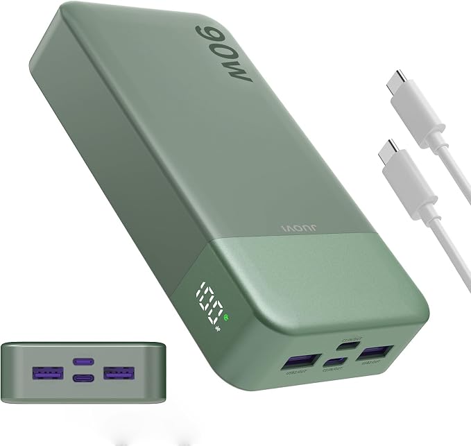 JUOVI Portable Charger, 90W Laptop Power Bank 20000mAh Portable Phone Charger, Power Bank Fast Charging with 2 USB-C & 2 USB-A Ports,Battery Bank for MacBook iPhone 17/16/15 Series, Galaxy (Green)