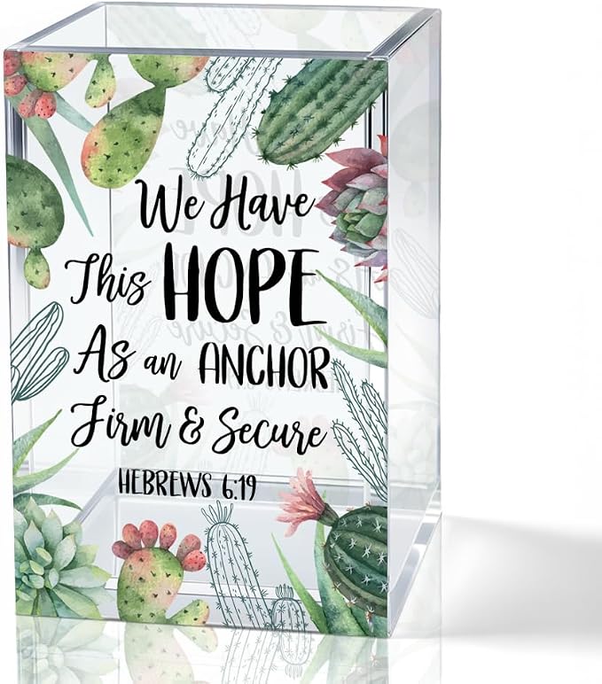We Have This Hope As An Anchor Firm & Secure Acrylic Pencil Holder Cup, Bible Verse Inspirational Pen Holder for Home Desk, Hebrews 6:19 Christian Gifts for Women Girls, Makeup Brush Organizer