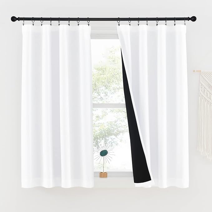 NICETOWN White 100% Blackout Kitchen Curtains, 2 Thick Layers Completely Blackout Rod Pocket Thermal Insulated Drapes for Bedroom (1 Pair, 42 inches Width x 54 inches Length Each Panel)