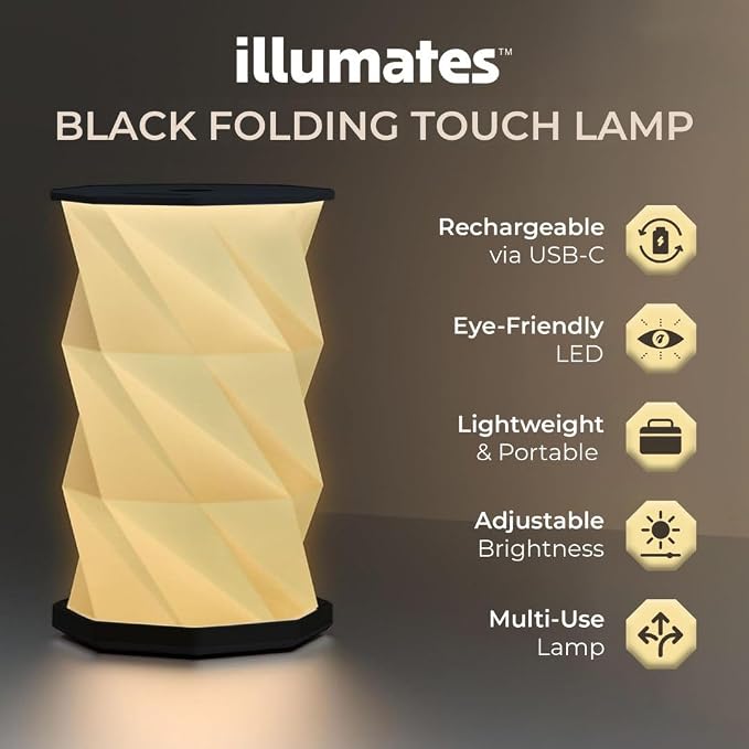 Origami Expanding Foldable LED Desk Lamp – USB Rechargeable & Portable - Dimmable Touch Control Light with Adjustable Height up to 8.25" for Office, Travel, Bedside - Sleek & Modern Design (Black)