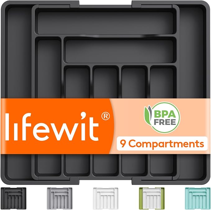 Lifewit Utensil Organizer for Kitchen Drawer, Expandable Cooking Silverware Tray, Adjustable Cutlery Flatware Holder, Plastic Spatula Tools Storage Divider, 13-22.4 x 15", Black
