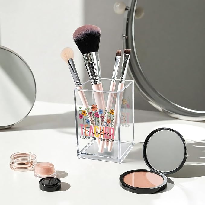 Teacher Helping Little Minds Grow Acrylic Pen Holder for Desk, Funny Floral Teacher Desk Organizer for Office Classroom, Back to School Gifts, Appreciation Gifts for Women Teachers Educators