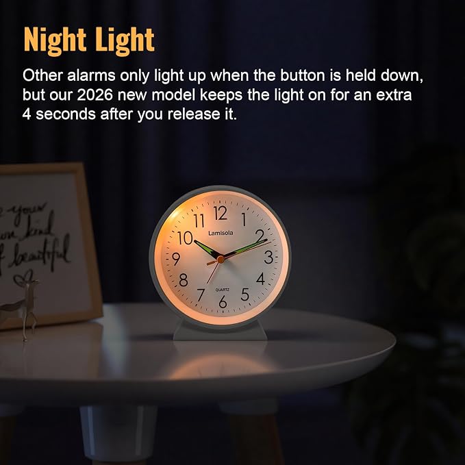 4.5 Inch Small Silent Analog Alarm Clock, Retro Battery Operated Desk Clock with Night Light Stays On 4 Seconds Vintage Metal Table Clock for Bedside, Nightstand, Bedroom, Office, Bathroom - White