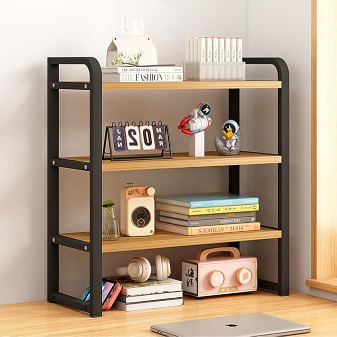 Office Desk Shelf Organizer, Wood Desktop Bookshelf Supplies Storage Rack, Shelf for Top of Desk and Dresser and Cubicle Decor Aesthetic Bookshelf (Black Wood, three Tier 19.69 Lx7.87 Wx22.05 H)