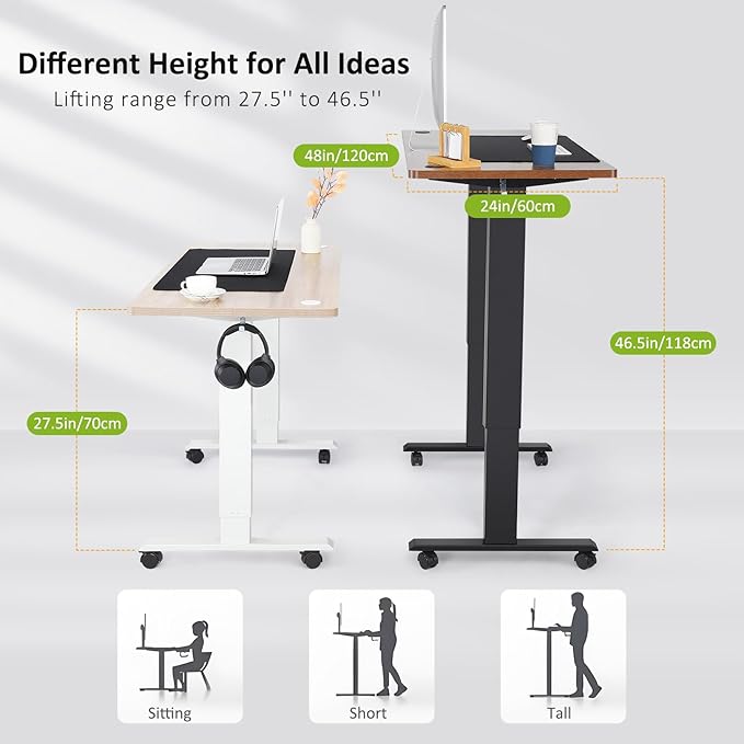 farexon 48 x 24 inch Standing Desk Electric Adjustable Height with Charging Station, Stand up Desk with Wheels, Preset Heights Home Office Gaming Computer Workstations Table（Oak