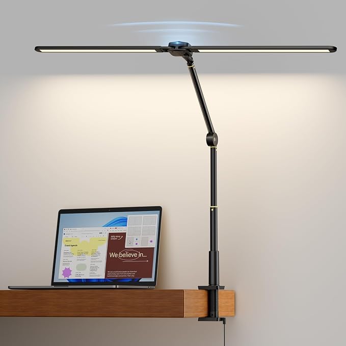 LED Desk Lamp for Home Office, Sensor Switch, 270° Rotatable & Extendable Aluminum Alloy Arm Desk Light, 24W Dimmable 3 Color Modes Eye-Caring Dual Lamp Head Monitor Reading Study Task