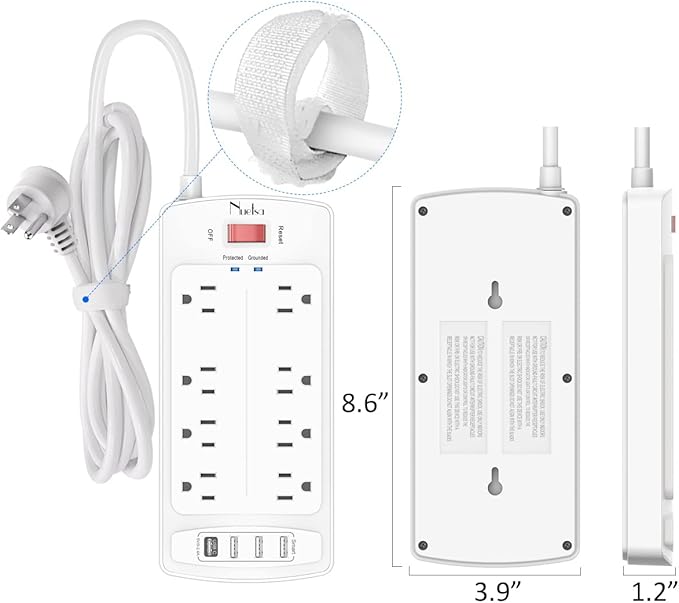Surge Protector Power Strip - Nuetsa Flat Plug Extension Cord with 8 Outlets and 4 USB Ports, 20 Feet Power Cord, 2700 Joules, ETL Listed, White