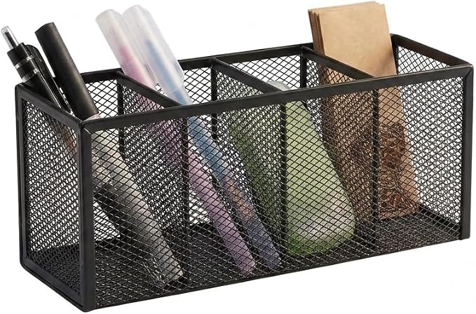 Metal Pen Holder, Pencil Holder 4 Compartments, Mesh Pen Storage Pencil Organizer Cup Makeup Brush Holder for Office Desk Accessories, Black