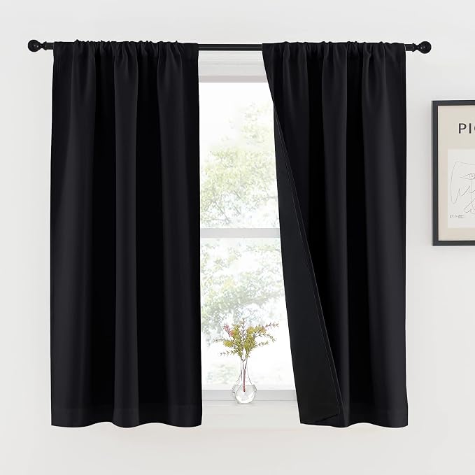 NICETOWN Black Kitchen 100% Blackout Curtains 48 inches Long, Rod Pocket Basement Completely Blackout Window Treatment Thermal Insulated Lined Drapes for Small Window (1 Pair, 37" Width Each Panel)
