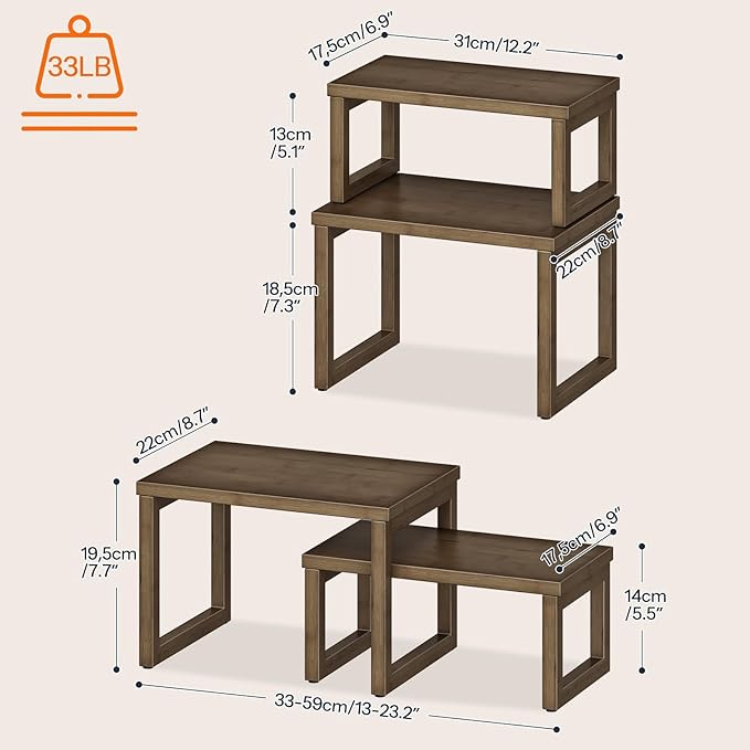 HOOBRO Cabinet Organizer Shelf, Set of 2 Kitchen Counter Shelves, Expandable Kitchen Storage, Stackable Bamboo Spice Rack, for Kitchen, Countertop, Office Desk, Living Room, Mocha MA20TL01