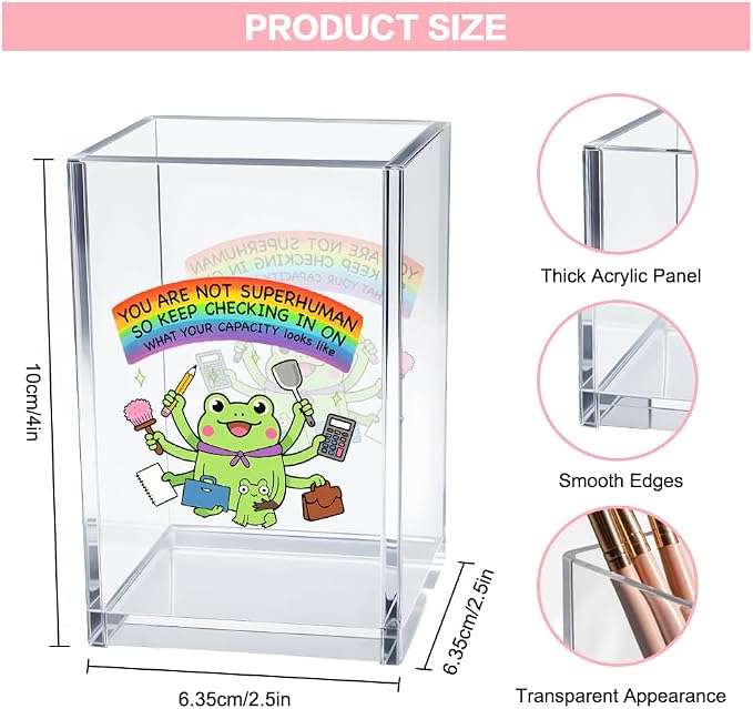You Are Not Superhuman Acrylic Cosmetic Pencil Pen Holder Cup, Boho Cute Frog Desk Organizer Accessory for Home Office Decor, Frog Lovers Gifts, Funny Sarcastic Work Gifts for Women Men Coworker