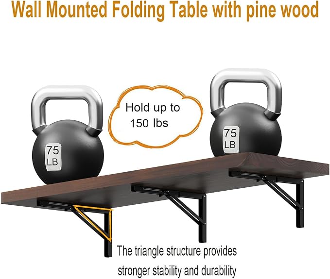 IAE Wall Mounted Folding Table with Pine Wood,55" x 16" Floating Wall Desk,Laundry Folding Table with Shelf Brackets,Fold Down Desk Shelf,Folding Workbench for Home,Dining,Laundry Room,Kitchen,Brown
