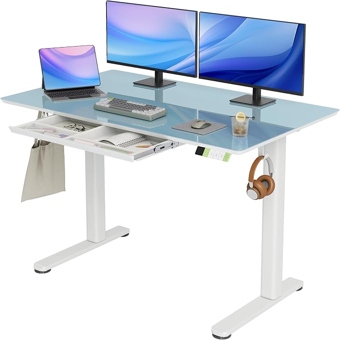 INNOVAR 48×24 Inch Morandi Blue Glass Standing Desk with Drawers | Tempered Glass Top, Ergonomic, Adjustable Height, Stand Up Desk,4 Memory Presets