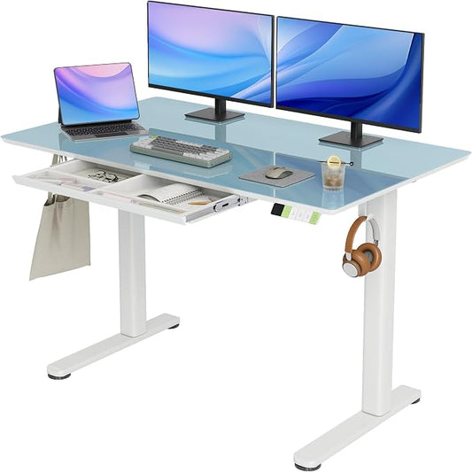INNOVAR 48×24 Inch Morandi Blue Glass Standing Desk with Drawers | Tempered Glass Top, Ergonomic, Adjustable Height, Stand Up Desk,4 Memory Presets