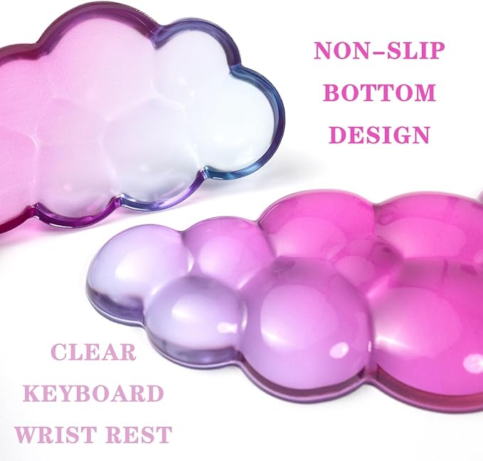 Ergonomic Cloud Silicone Gel Keyboard and Mouse Wrist Rest Set – Clear Wrist Rest for Keyboard 60%/68%/75%, Comfort & Support for Typing and Gaming (Pink Blue)