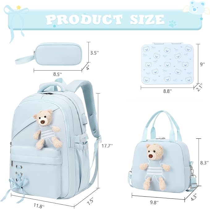 ACESAK Backpack for Girls with Bento Box - 4 PCS Cute Girls Backpack with Lunch Box, Pencil Case & Bento Box Set - 43oz Leakproof Lunch Box Kids Snack Containers Set Back to School Supplies (Blue)