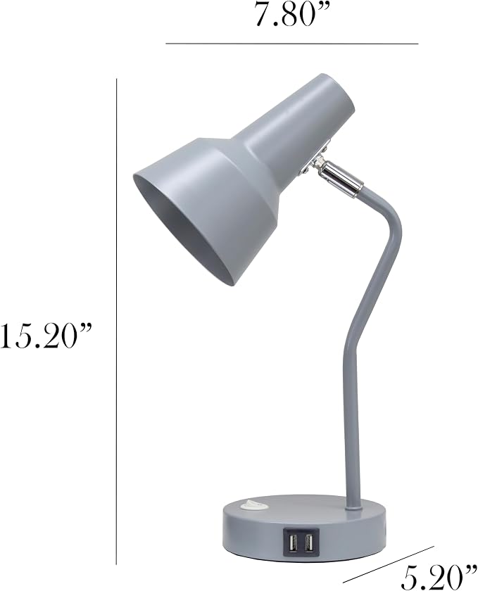 Simple Designs LD1072-GRY 15.2" Sleek Essentials Metal Cone Shade Desk Lamp with Adjustable Shade and Dual USB Ports, for Office, Desk, Nightstand, Dorm, Gray